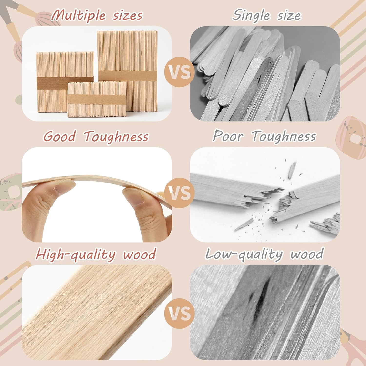300 Pcs Natural Wooden Popsicle Sticks - Yedoler Ice Cream Sticks for DIY Crafts, Eco-Friendly Craft Sticks Ice Pop Making, Classroom Art Projects, 3 Mixed Sizes (Wooden)