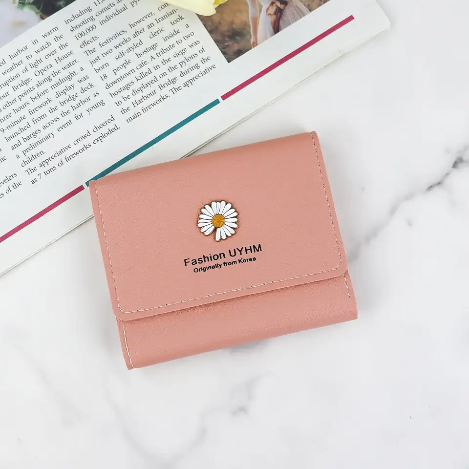 Women's PU Trifold Wallet with Floral Pattern, Mini Slim Credit Card Holder with 5 Card Slots & 4 Compartments, Cute Snap Wallet for Shopping, Dating, Travelling, Pink, 4.37 x 3.66 x 0.63 inches