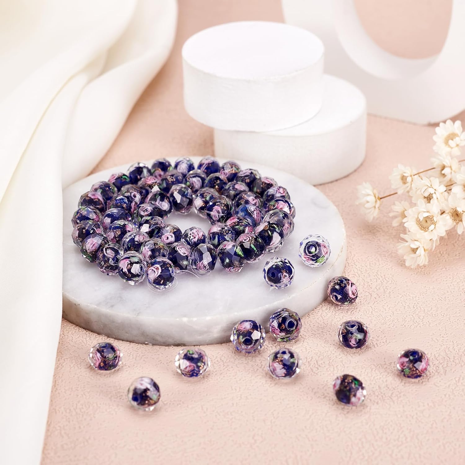 Craftdady 60Pcs Gold Sand Lampwork Glass Beads Faceted Rondelle Craft Spacer Beads Polished Handmade Floral Pattern Loose Beads for Jewelry Necklace Earring Bracelet, Midnight Blue - Image 6