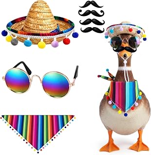 Porch Goose Outfit, Cinco De Mayo Celebration Decor, Lawn Goose Statue Clothes, with Mexican Sombrero Bandana Sunglasses and Four Beard Styles for Outdoor Patio and Garden Decoration