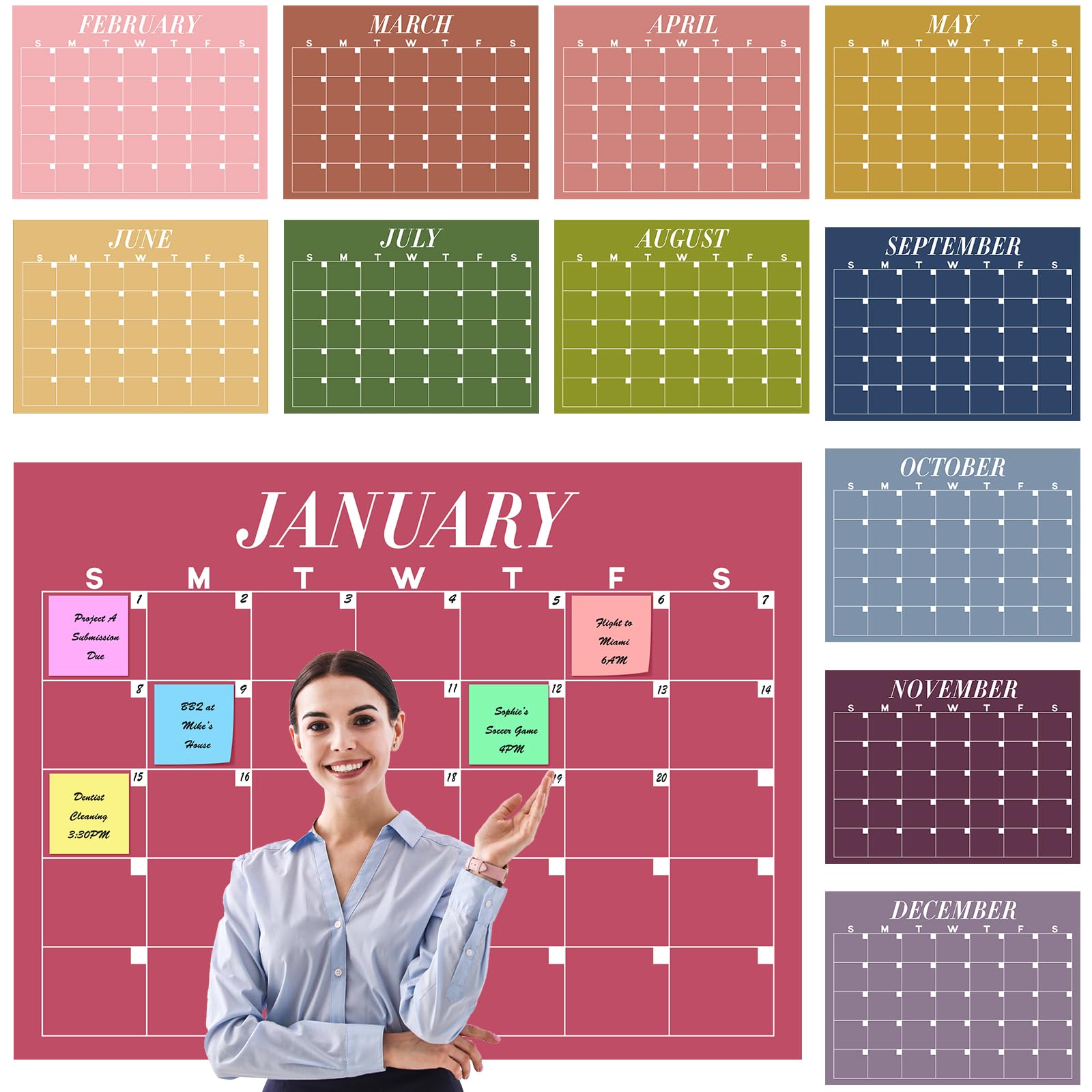 12 calendari extra large non datati 101,2 x 70,5 cm, grande calendario da parete per aula 12 mesi, facile da asciugare, riutilizzabile, pianificazione annuale arcobaleno, per ufficio, casa, studio