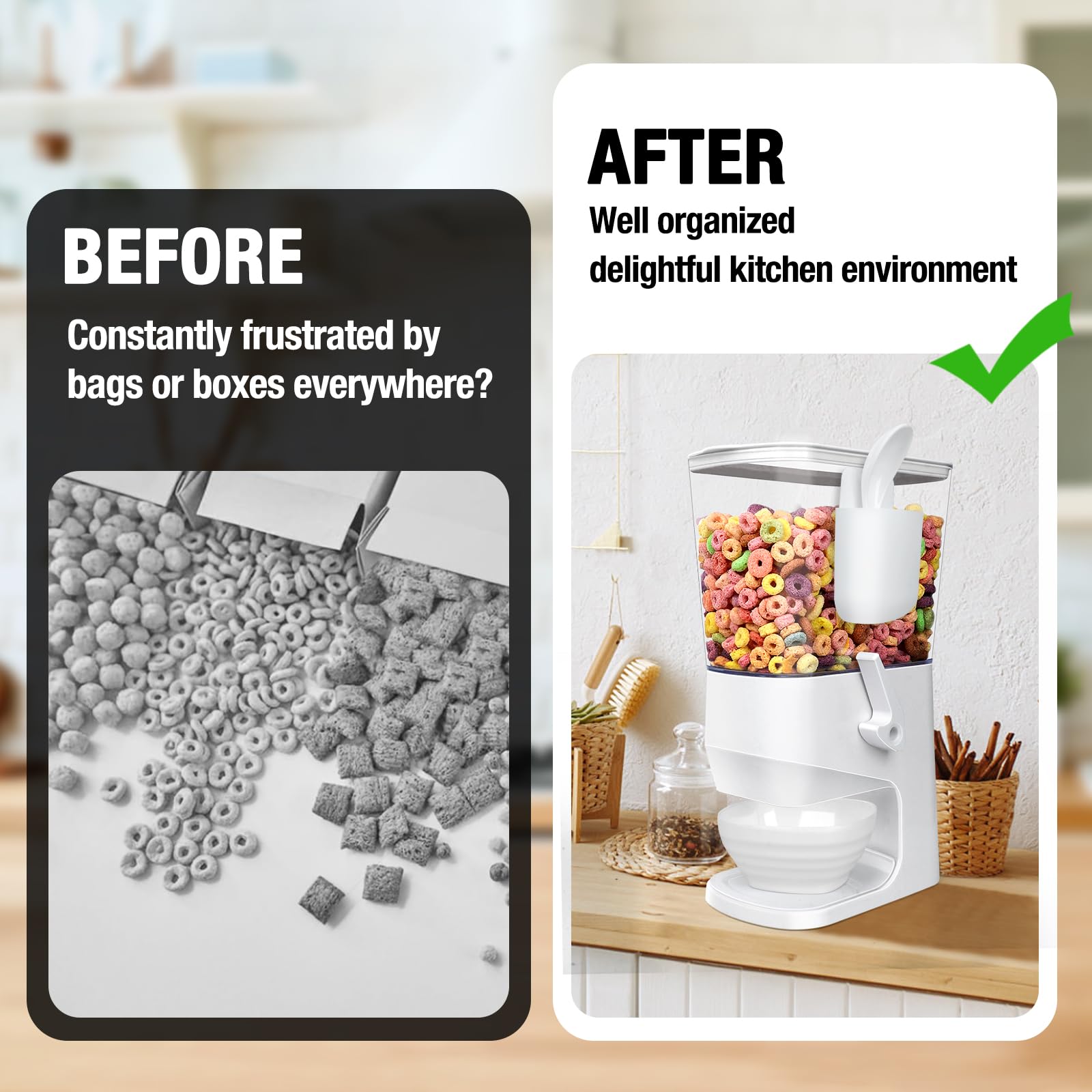 Dispenser per cereali da banco con ciotole e cucchiai, contenitori per cereali, dispensa, snack, contenitore per alimenti secchi con coperchio, per organizzare la cucina, farina d'avena, noci e muesli