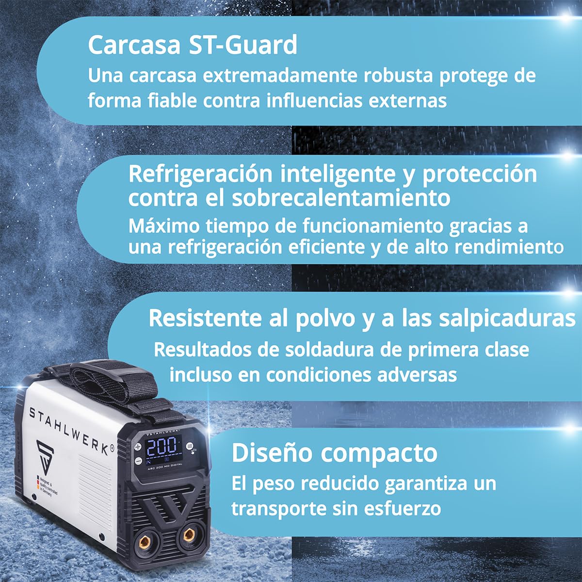STAHLWERK Soldadora de electrodos ARC 200 MD Digital – Equipo completo con carro – Máquina de soldar MMA/Electrodo & Lift-TIG (DC) hasta 200 A, uso flexible sin gas, ARC-Force, Hotstart, Anti-Stick | MMA (E-Hand) & Lift-TIG (DC) hasta 200 A, flexible sin