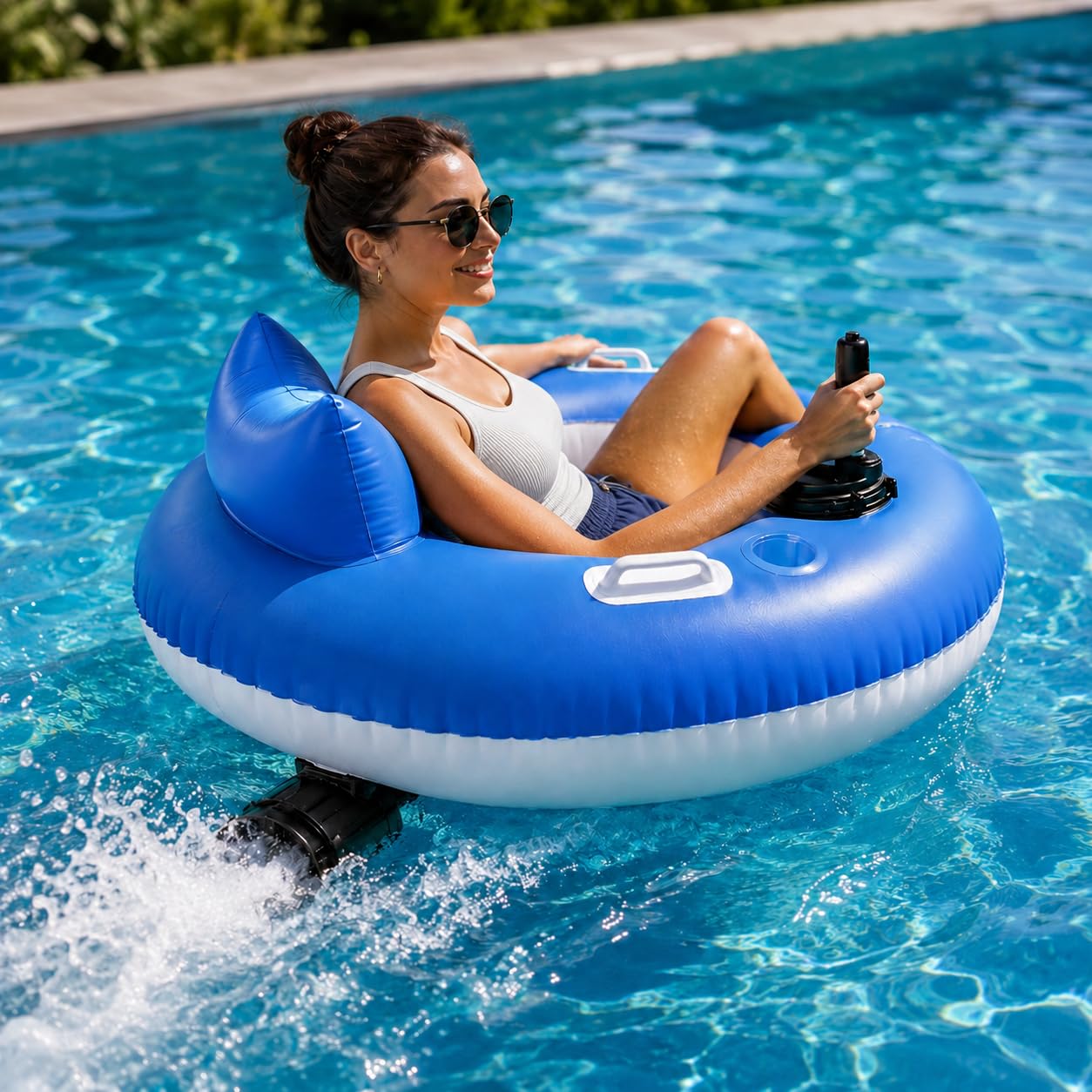 pedenencelia Rechargeable Electric Pool Float, Motorized Inflatable Lounger for Adults with Joystick Steering, Built-in Propeller, Backrest, Cup Holder, Foldable Water Float for Pool Lake A