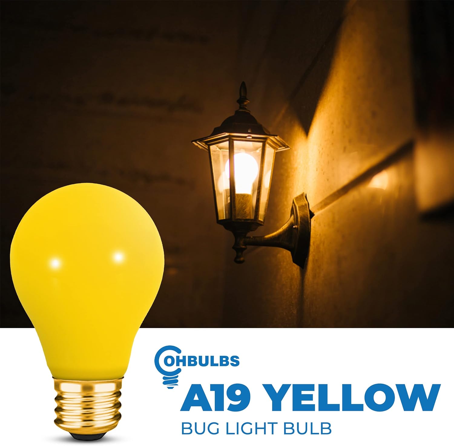 OL-41786 A19 Yellow Bug Light Bulb - E26 Medium Base- 2000 Average Rated Hours - Pack of 2