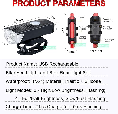 Miniatura 2 de Juego de luces recargables para bicicleta, luz trasera de bicicleta ultra brillante para montar por la noche, faro delantero y trasero esencial,