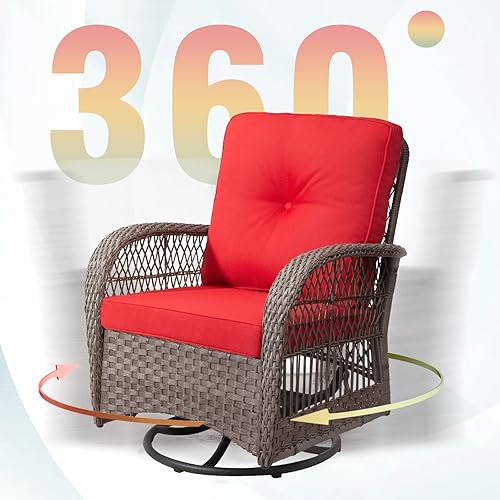 Miniatura 5 de Joyside Juego de 3 sillas mecedoras giratorias de mimbre para patio, muebles de patio al aire libre con mesa auxiliar y cojín de tela duradero