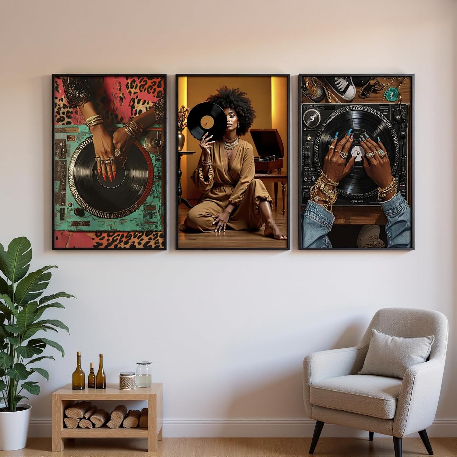 3 Pcs Fashion Black Woman Wall Art Trendy Abstract Black Girl Canvas Poster Prints Pictures Paintings with Record Player Music Theme for Living Room Bedroom Wall Decor Unframed