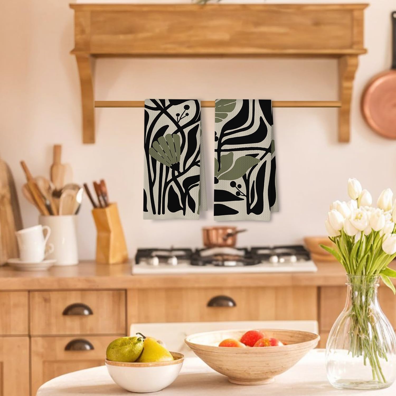 Abstract Dark sage Green and Black Boho Floral Kitchen Towels Set of 2, 70s Retro Groovy Botanical Dish Tea Towels for Kitchen Bathroom Decor, Mid Century Modern Hand Towels, 16x24 Inch - Image 2