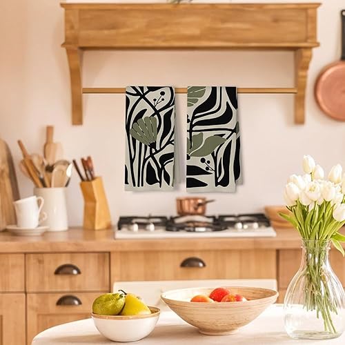 Miniatura 2 de Juego de 2 toallas de cocina abstractas de color verde salvia oscuro y negro, estilo bohemio, diseño botánico de los años 70, para decoración de