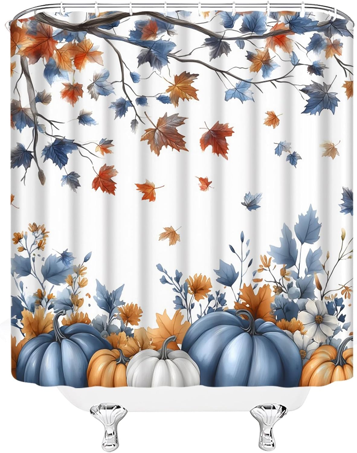 Fall Thanksgiving Shower Curtain Harvest Pumpkins Maple Leaves Watercolor Rustic Bathroom Decor Curtain with Hooks,Blue