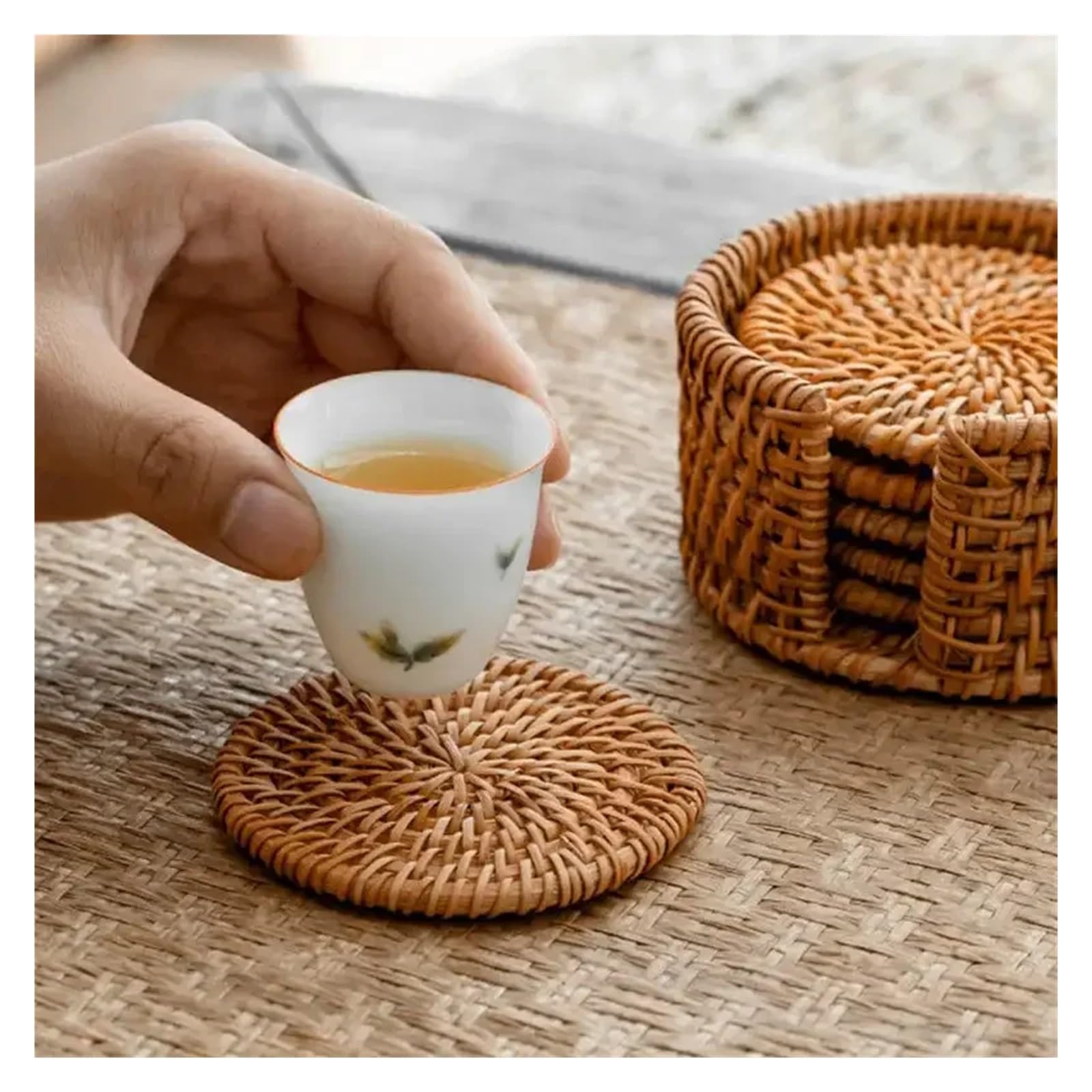 sous-Verres en rotin Fait à la Main, Ensemble de Vaisselle for cérémonie du thé, Dessous Verre Absorbant tissé, Bol isolé, 6 pièces