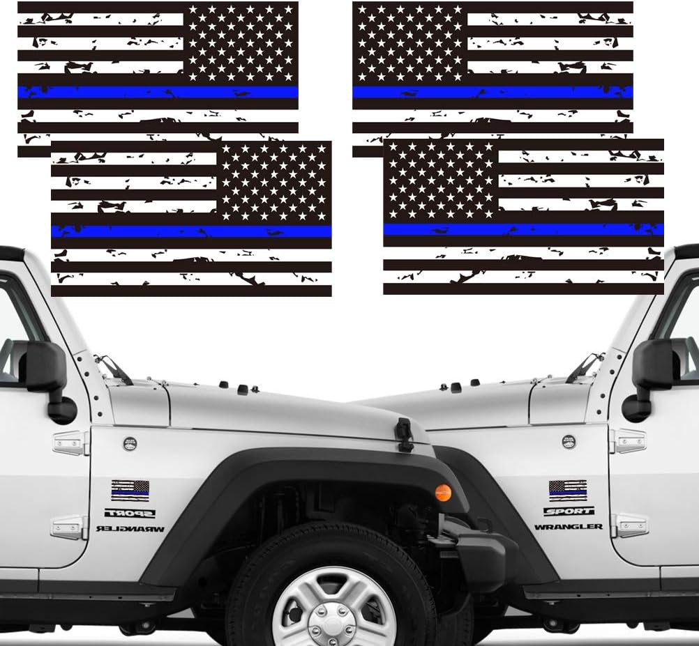 Reflective 2 Pairs Tattered Thin Blue Line Reverse Forward US Flag Decal Stickers for Cars, Trucks, Hard Hat, 5 x 2.7 inch American USA Flag Bumper Sticker Honoring Police Law Enforcement