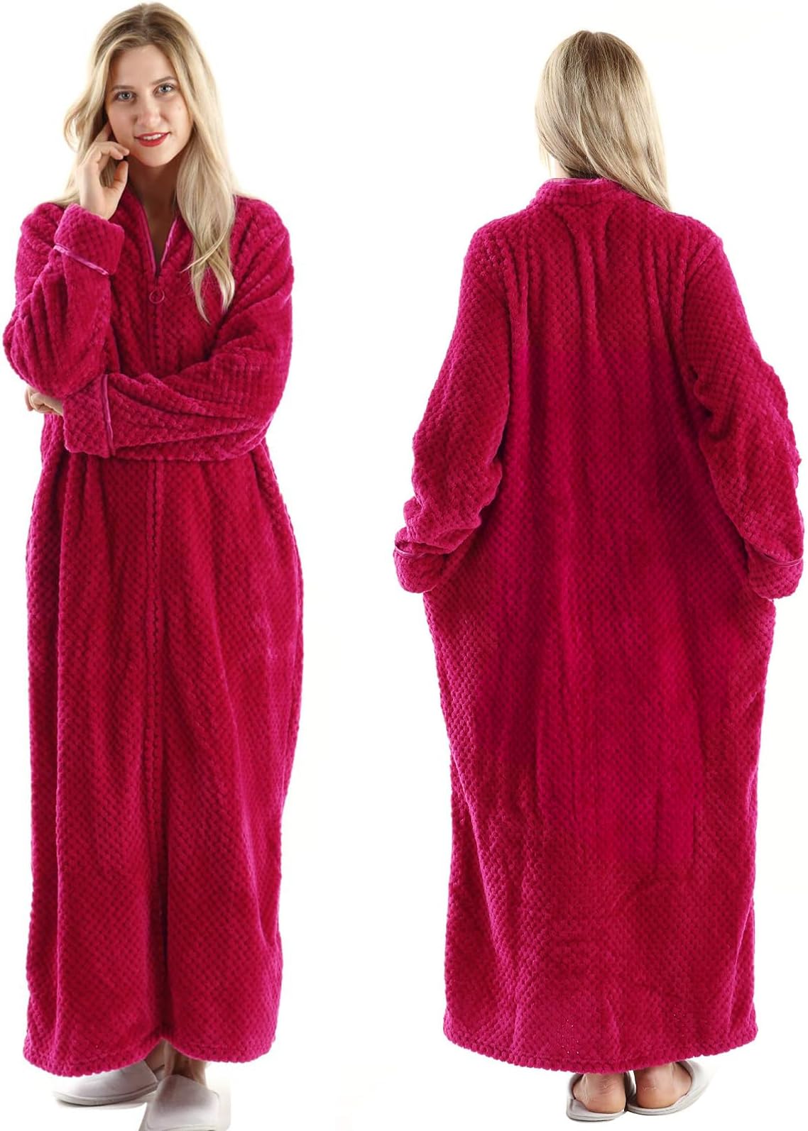 Oksun Womens Fleece Warm Robe: Cozy Flannel Long Zipper Bathrobe - Plush Winter Housecoat Nightgown