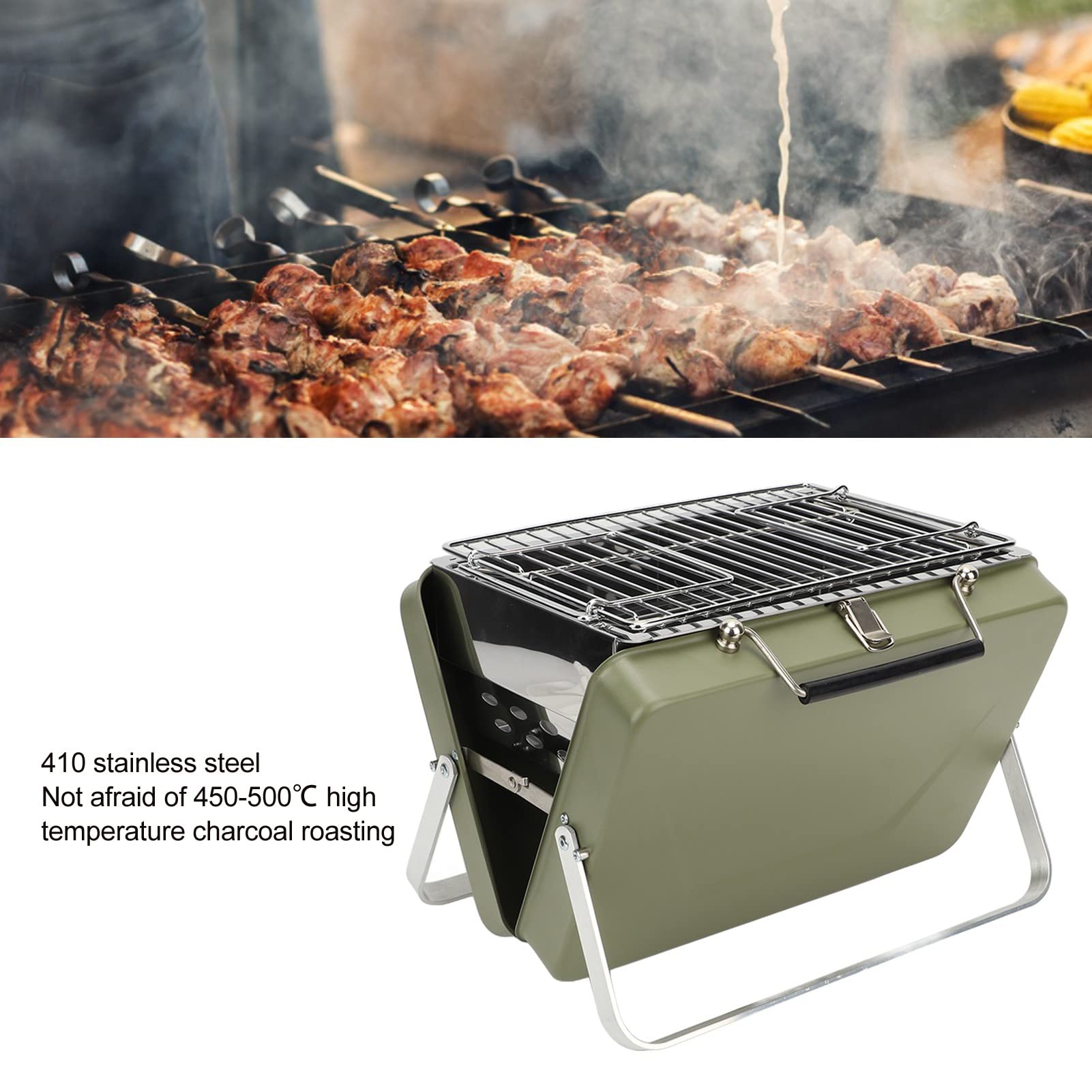 Griglia per barbecue portatile a carbone, pieghevole, compatta, leggera, in acciaio inox, per cucinare all'aperto, per campeggio, picnic, cortile, polvere di ferro, acciaio (Verde)