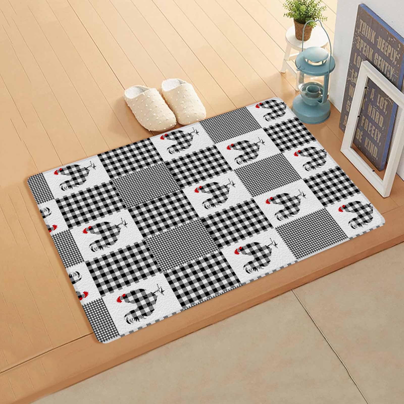 Black Rooster Antifatigue Kitchen Bath Door Mat Cushioned Runner Rug,Washable Welcome Floor Sink Mat,Waterproof Kitchen Standing Doormat,Farm Animal Farmhoue Chick Spring Summer Checkered 18