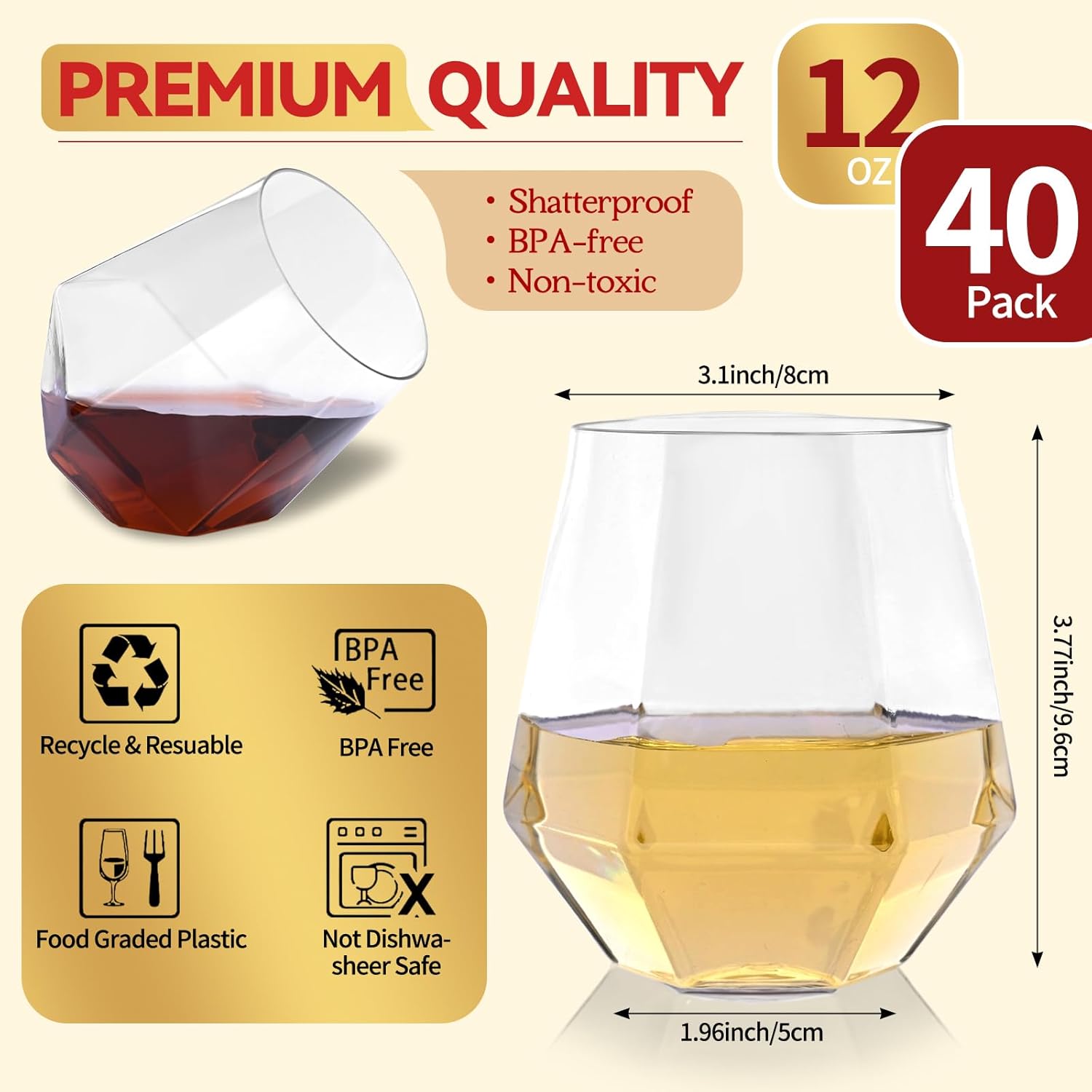 40 Pack Diamond Unbreakable Stemless Plastic Wine Glasses Disposable Clear Cocktail Champagne Whiskey Glasses 12oz Elegant Durable Reusable Cups Indoor Outdoor Ideal for Wedding Bars Party Home - Image 2