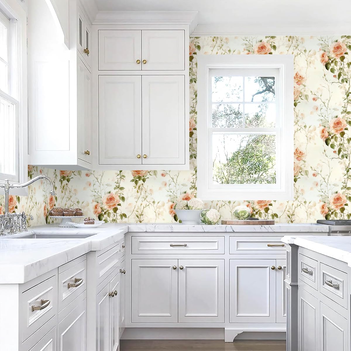 Livebor Floral Peel and Stick Wallpaper Boho Rose Flower Contact Paper 16.9in x118.1in Vintage Floral Wallpaper Peel and Stick Removable Self Adhesive Wall Paper for Bathroom Cabinets Decor Vinyl Roll