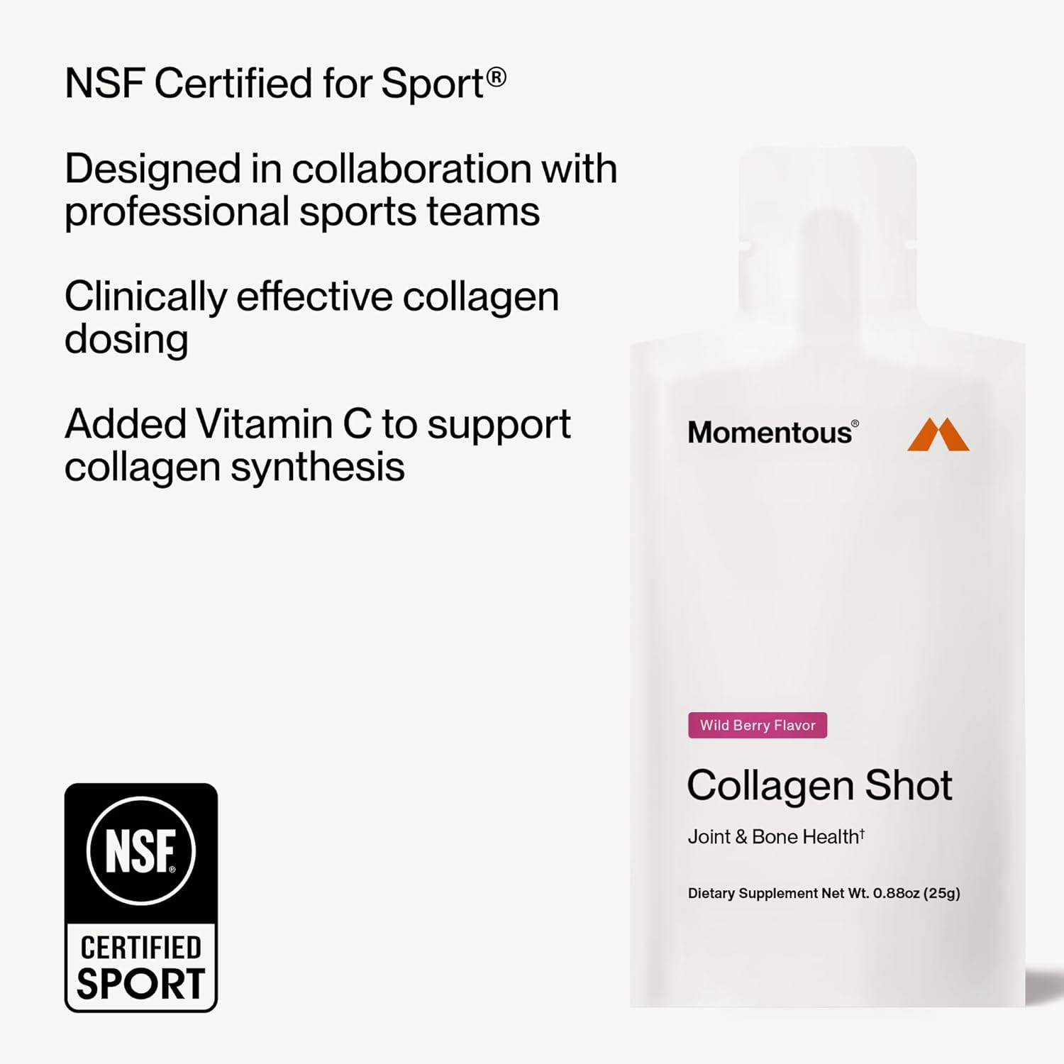 Momentous Collagen Shot Supplement - Hydrolyzed Bovine Collagen & Vitamin C Helps Support Joint, Bone, & Connective Tissue Health - NSF Certified for Sport - Wild Berry - 25g per Serving - 15 Servings