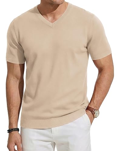 JMIERR Men's Wool Blend Knit V-Neck Short Sleeve Sweater Casual