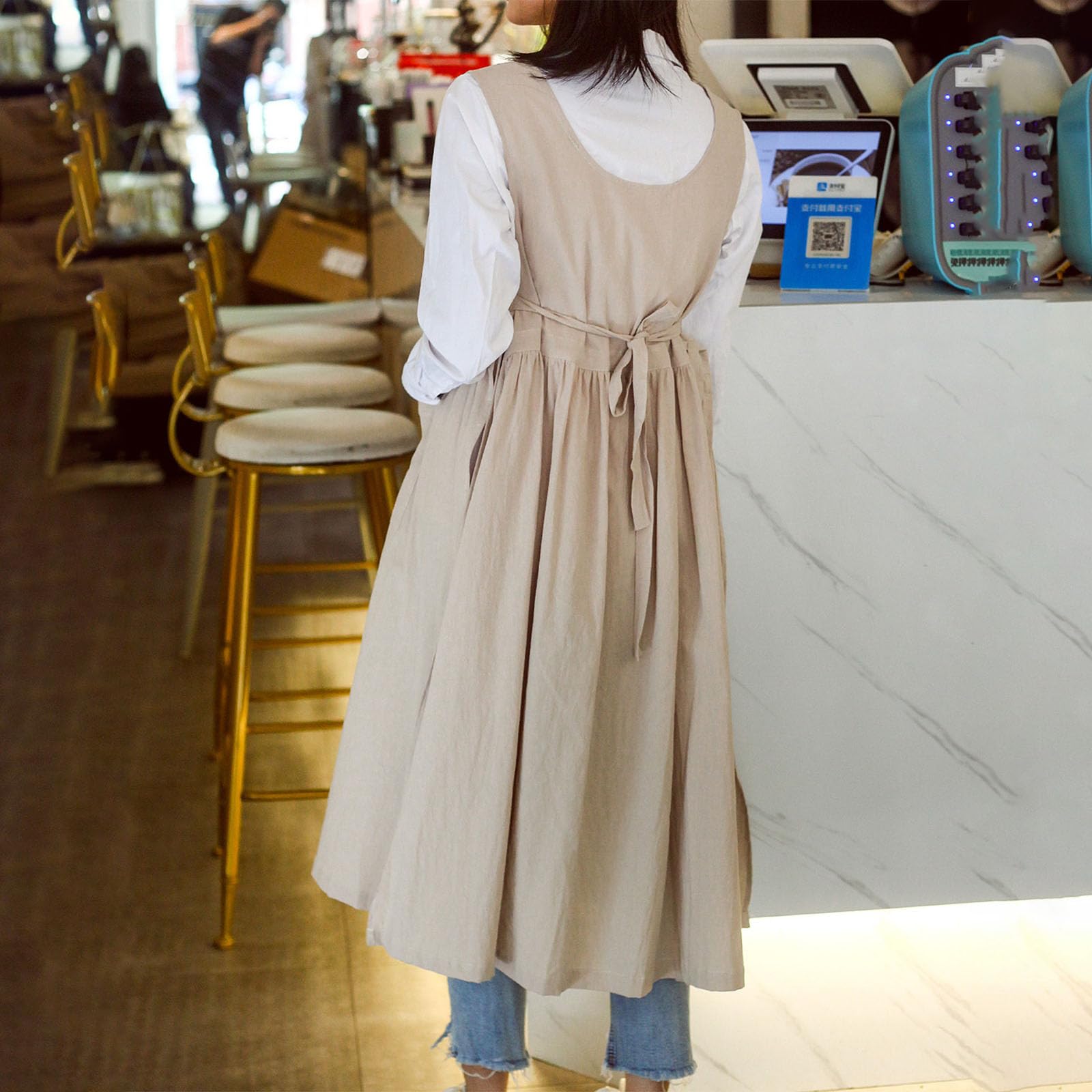 Damen Baumwollschürze Verstellbare Wasserdicht Kochschürze Mit 2 Taschen Für Koch, Küche, Zuhause, Restaurant, Cafe, Kochen, Backen, Gartenarbeit,Beige