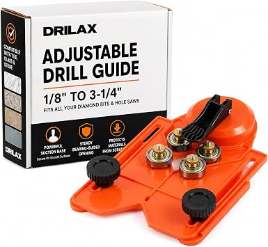 Adjustable Diamond Drill Guide with Suction Base 1/8 to 3-1/4 Inch | Straight Cuts Tile Glass Stone Ceramic Ball Bearings Water Feed Hole Saws Drill Bits