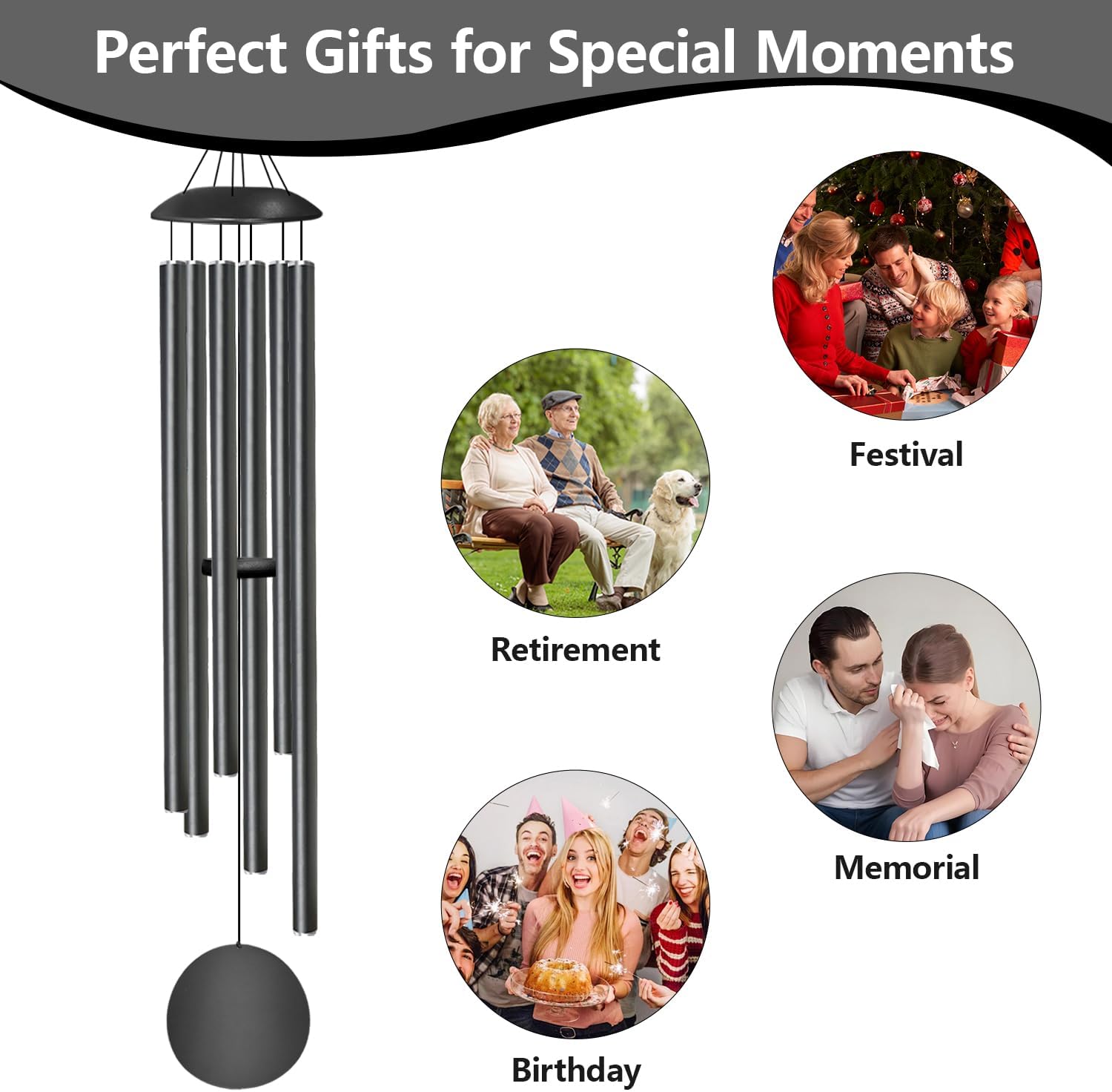 66" Large Wind Chimes for Outside - 6 Thicken Tubes Deep Tone Wind Chimes for Outdoor, Gifts for Memorial, Women, Mom, Grandma, Sympathy, Big Windchimes for Garden and Patio (Black) - Image 6