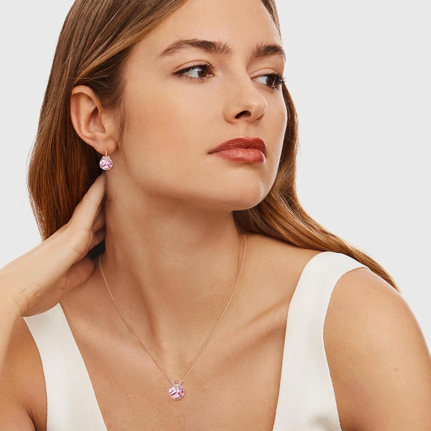 Crysdue Austrian Crystal Jewelry Set for Women, Dainty Round CZ Pendant Necklace Hoop Earrings for Wedding Party Prom Rose Gold-Tone - Image 2