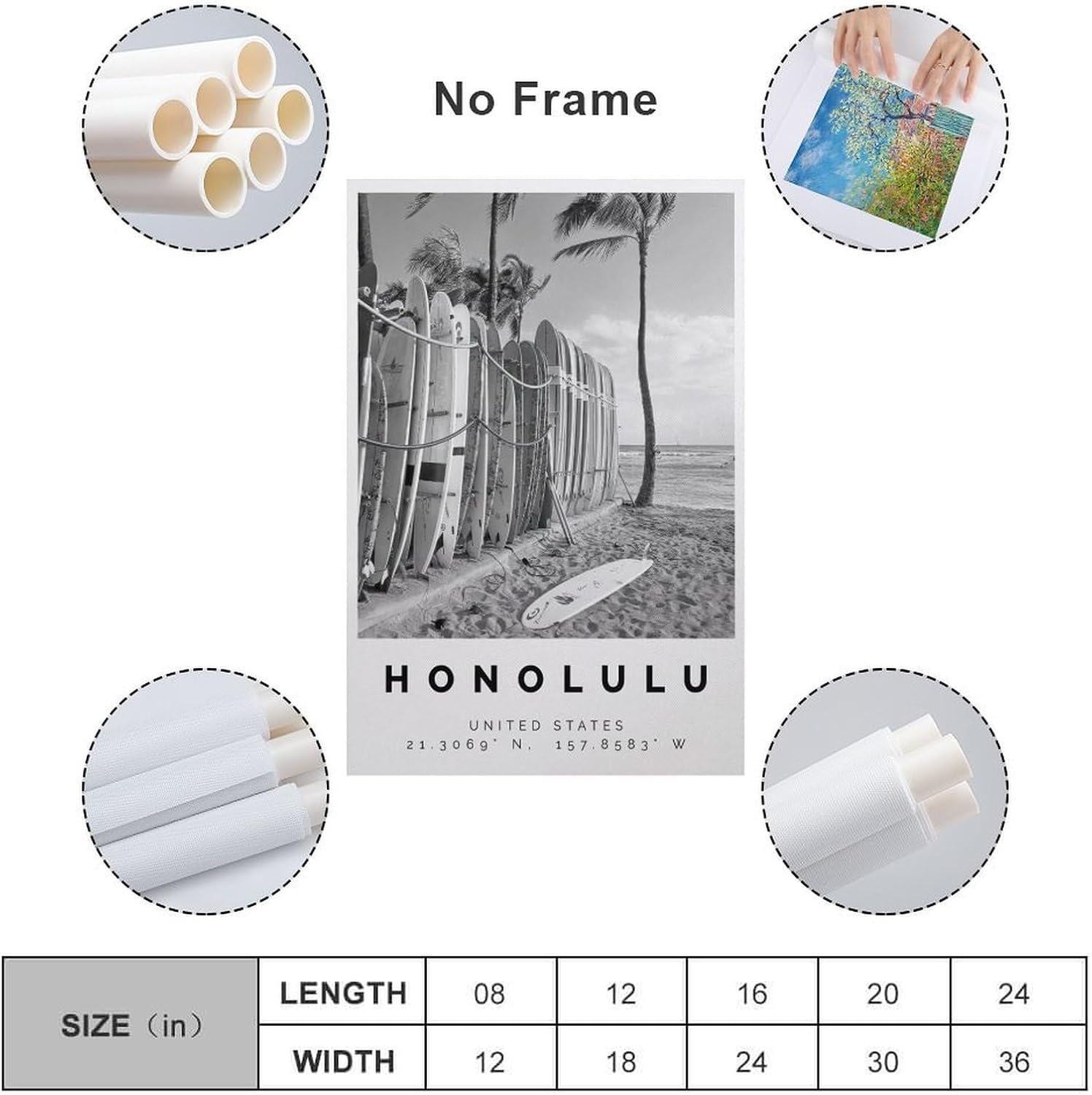 Honolulu Poster Black And White Featuring Surfboards, Palm Trees & Ocean View Canvas Wall Art Aesthetic Decorative Painting Living Room Restaurants, Pool Halls And Hotelsstyle 12x18inch(30x45cm) image 2