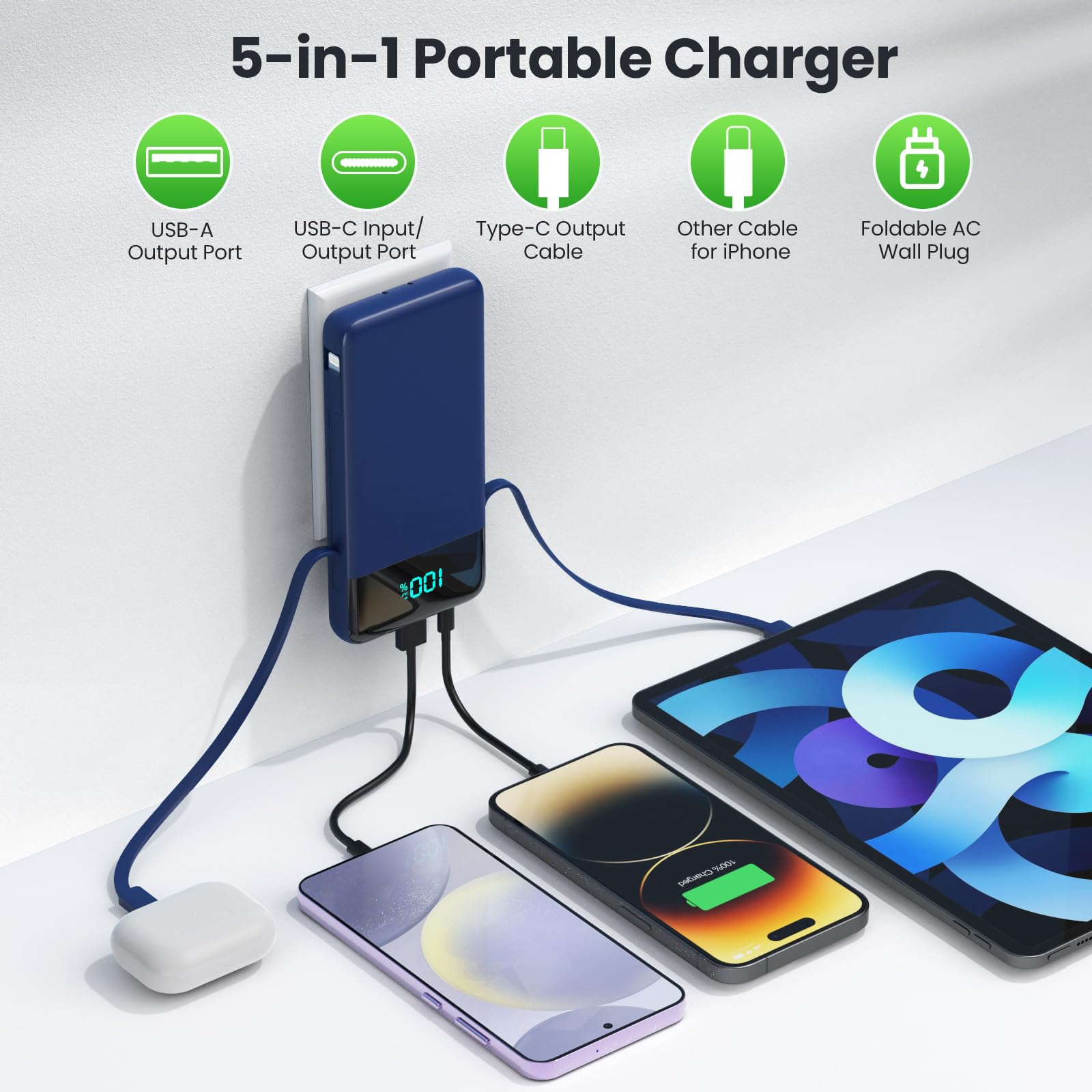Cargador portátil con enchufe de CA integrado y cables, 13800 mAh todo en uno, USB C, cargador de batería portátil para iPhone 17/16/14, Galaxy, Android, azul oscuro