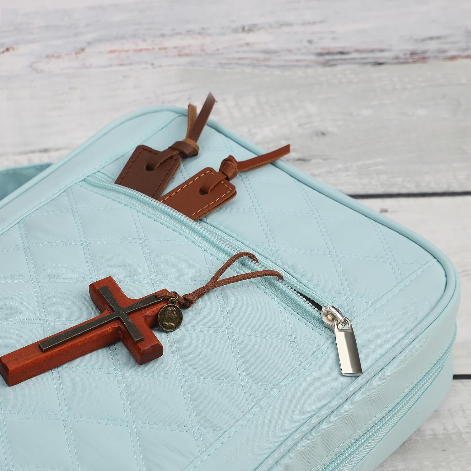 FINDCOZY Bible Cover for Women, Durable Carrying Book Case Church Bag for Biblical Accessories with Handle and Zippered Pocket, for Scriptures, Taslan Blue - Image 4