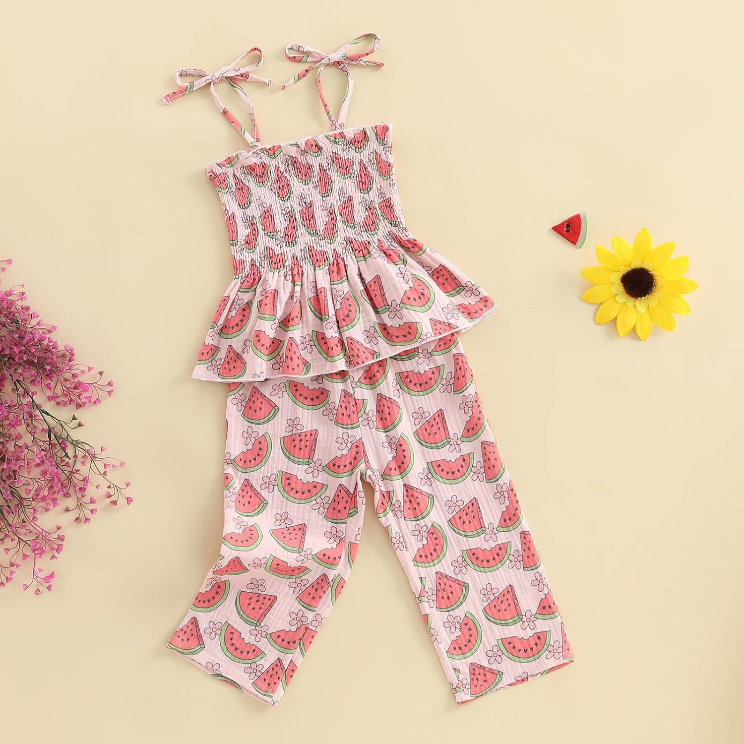 VISGOGO 幼児 ベビー ガール アウトフィット ノースリーブ スモック ストラップ キャミソール リネン パンツ リボン ベビ