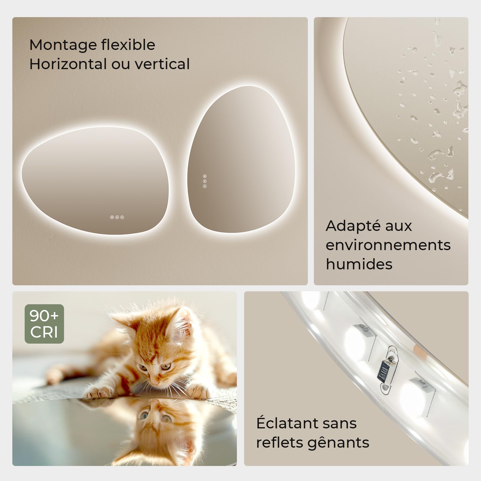 S'AFIELINA Miroir de Salle de Bain avec Éclairage 85×50×2,5 cm (H×L×P) Miroir Rond Asymétrique avec Interrupteur Tactile, Dimmable, 3 Couleurs de Lumière Réglables, Antibuée Miroir de Salle de Bain