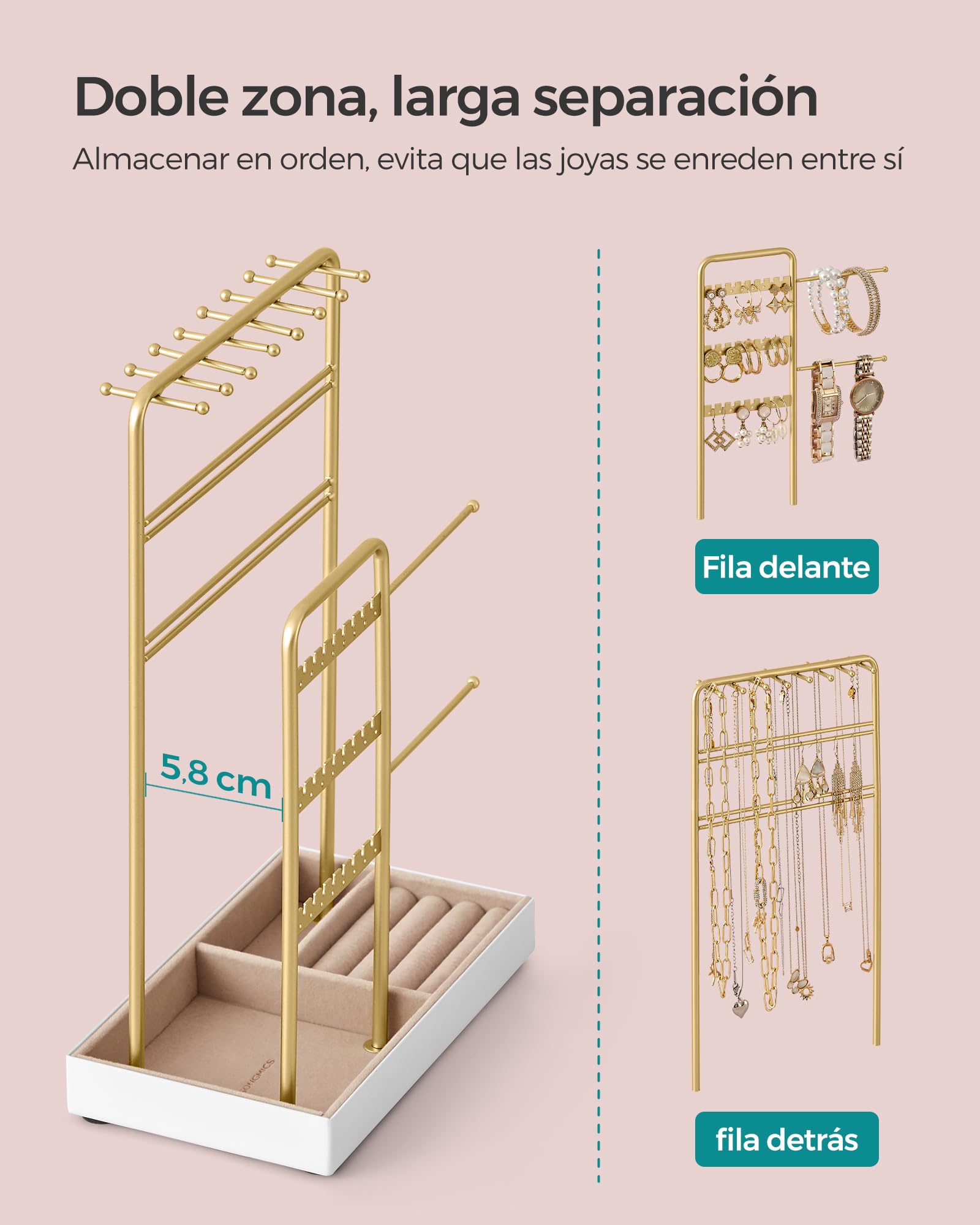 SONGMICS Soporte para Joyas, Organizador de Joyas, Expositor de Joyas, Marco de Metal, Bandeja de Terciopelo, para Collares, Pulseras, Pendientes, Tachuelas, Anillos, Regalo, Dorado JJS021A01