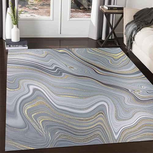 Alfombra abstracta moderna de mármol gris dorado a rayas de 10 x 14 pulgadas, decoración artística contemporánea, alfombra de estética para sala de