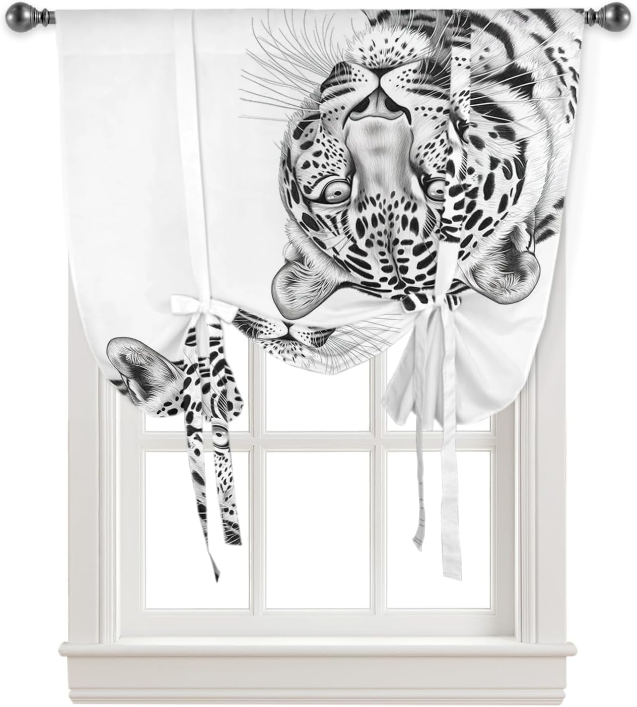 Tie Up Curtains Window Shades, White Black Tiger Animal Rod Pocket Tie Up Window Shade, Adjustable Balloon Curtain Shade for Blinds Kitchen Bathroom, 1 Panel, 52"x45"