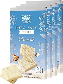 ChocZero Keto Bark, White Chocolate Almond, No Added Sugar, High Fiber, Low Carb, No Sugar Alcohols, No Artificial Sweeteners, 3.2 Ounce (Pack of 4)
