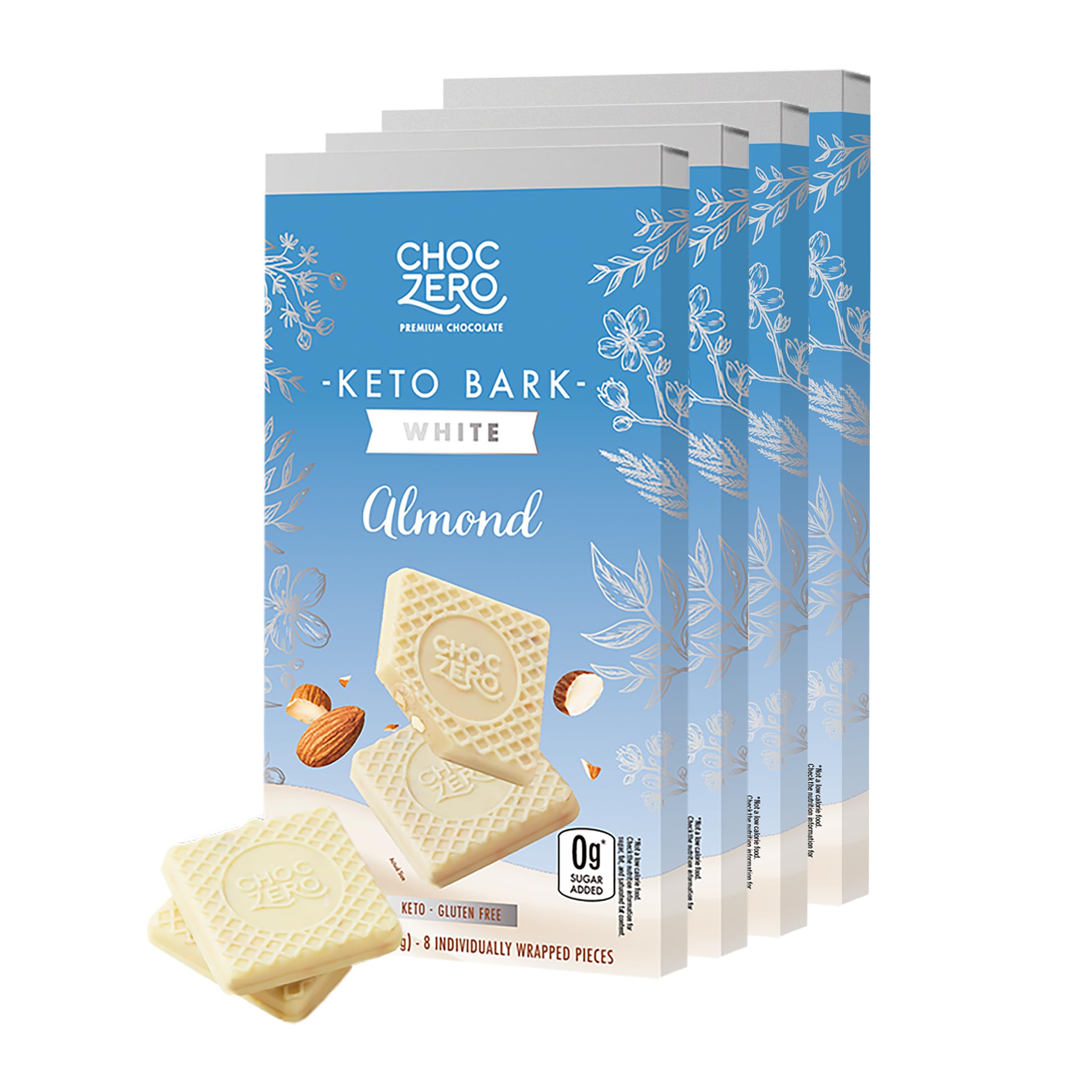 ChocZero Keto Bark, White Chocolate Almond, No Added Sugar, High Fiber, Low Carb, No Sugar Alcohols, No Artificial Sweeteners, 3.2 Ounce (Pack of 4)