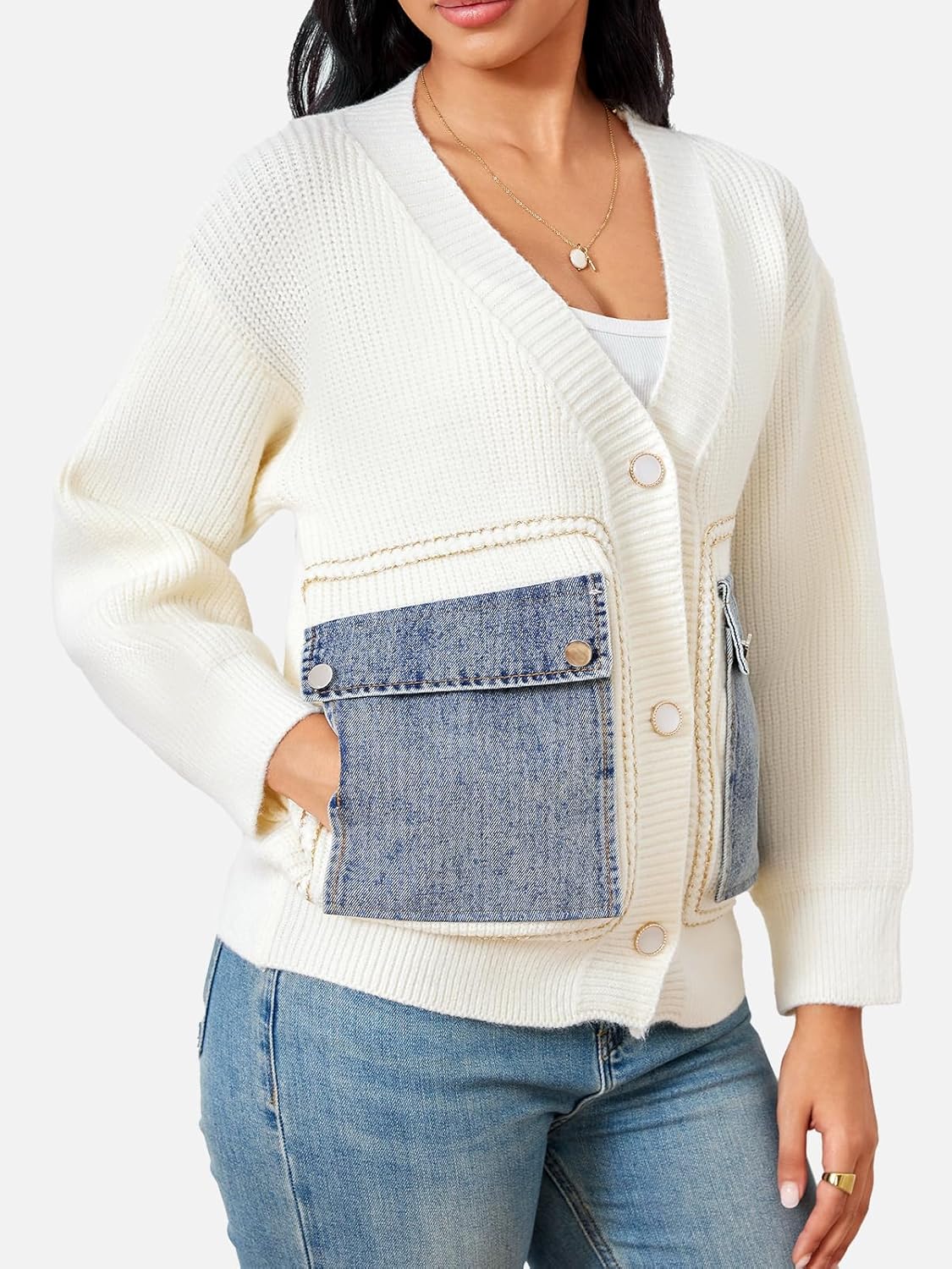 HOULENGS Women's Casual Open Front Patchwork Cardigan Sweaters Button Down V Neck Knit Sweater Jacket with Denim Pockets - Image 5