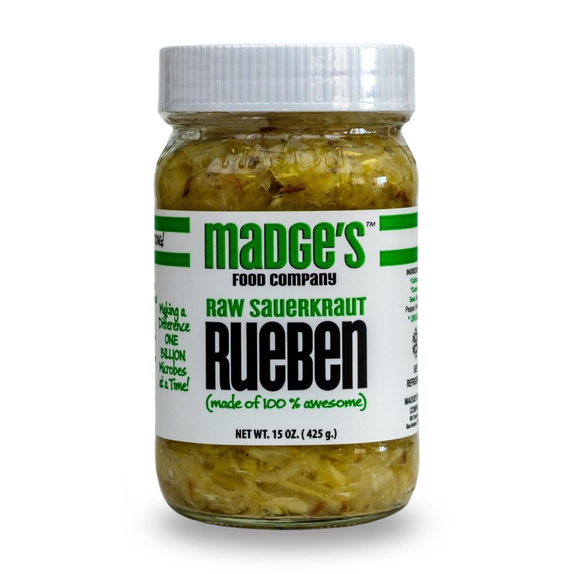 Madge's Rueben Sauerkraut | Raw unpastuerized | Probiotics enriched | Made with Organic ingredients, Pink Salt, gut healthy packed in glass jar 15 oz