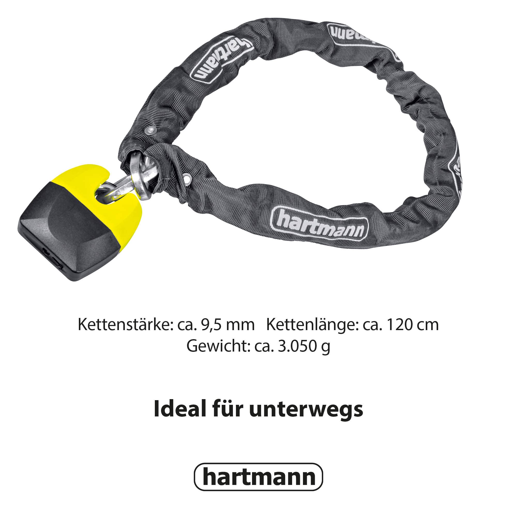 Hartmann Schlossketten-Kombination 150 cm, Hochwertiges Motorrad-/Fahrrad-Kettenschloss, Gehärtete Vierkantkette, Textilschlauch, Schlagzähes Material, Anbohr- & Pickingschutz, Diebstahlschutz Grau