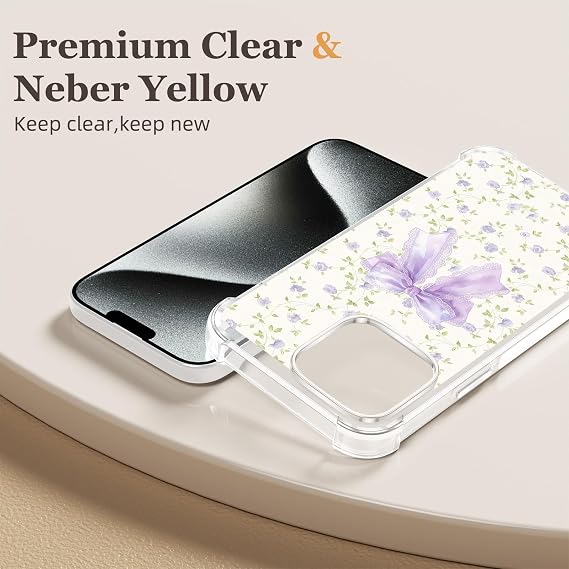 iPhone 15 Pro 6.1インチパープルボウフローラルケース、エレガントなレース刺繍花柄クリアフォンケース、女性、女の子用、黄変防止耐衝撃フルボディ保護カバー