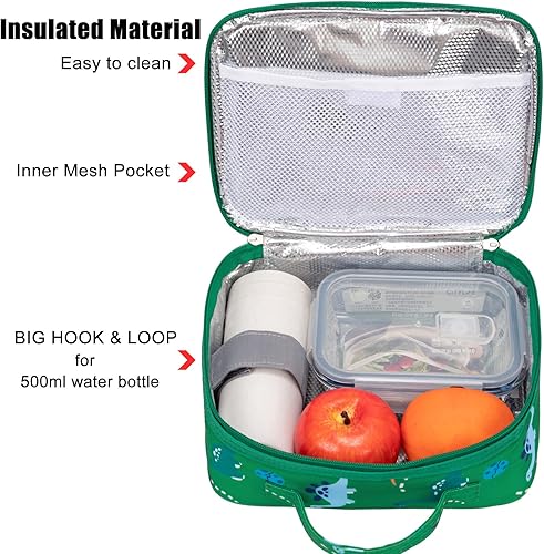 Miniatura 4 de JinBeryl Lonchera térmica para niños y niños, tamaño para preescolar, jardín de infantes o viajes, color verde dinosaurio