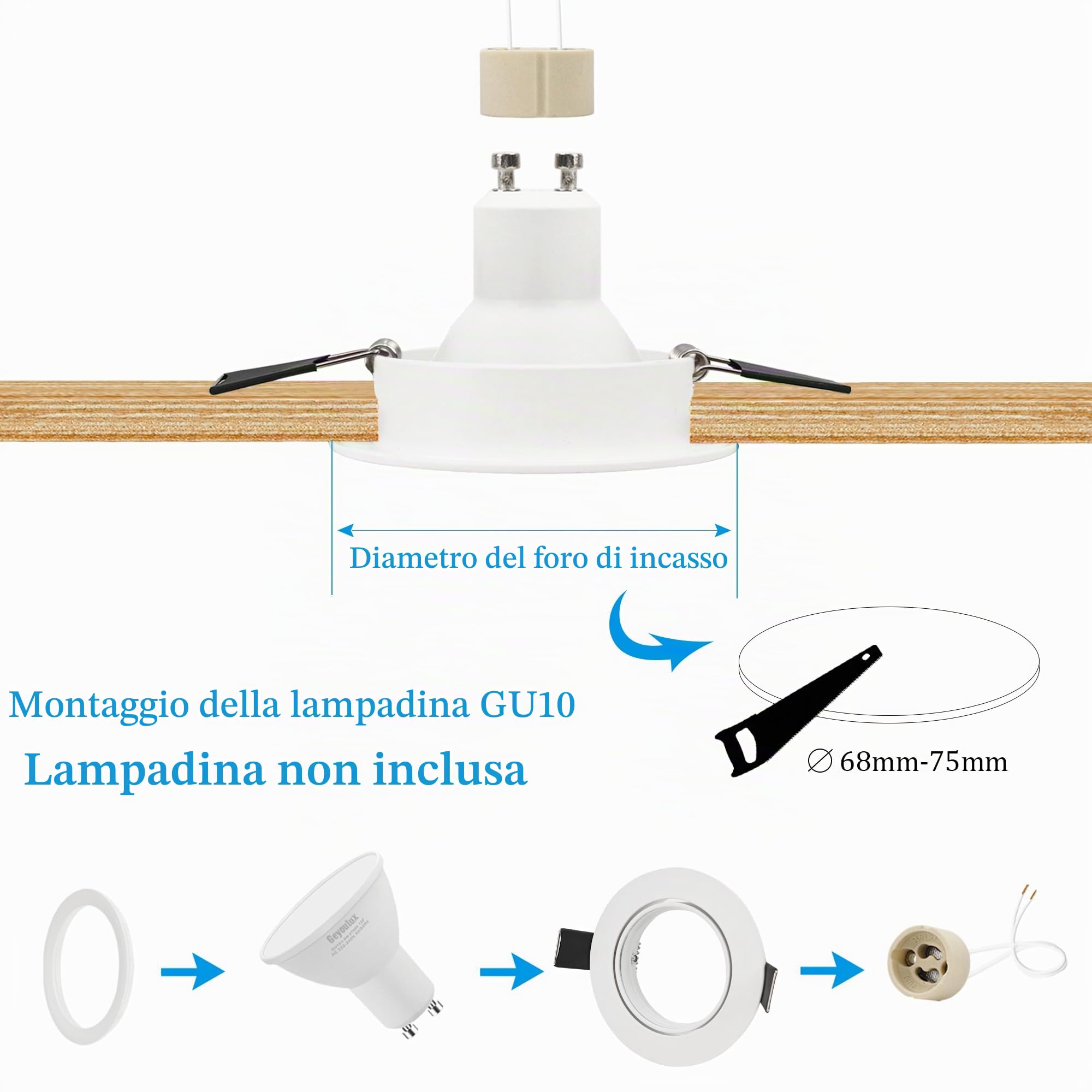 GeyouLux 12x Faretto Incasso Cartongesso GU10 Orientabili Alluminio Bianco, Cornice Faretti led da incasso per cartongesso Rotondo Portafaretto incl. Portalampada GU10 per LED e Alogeno, Foro ø75mm