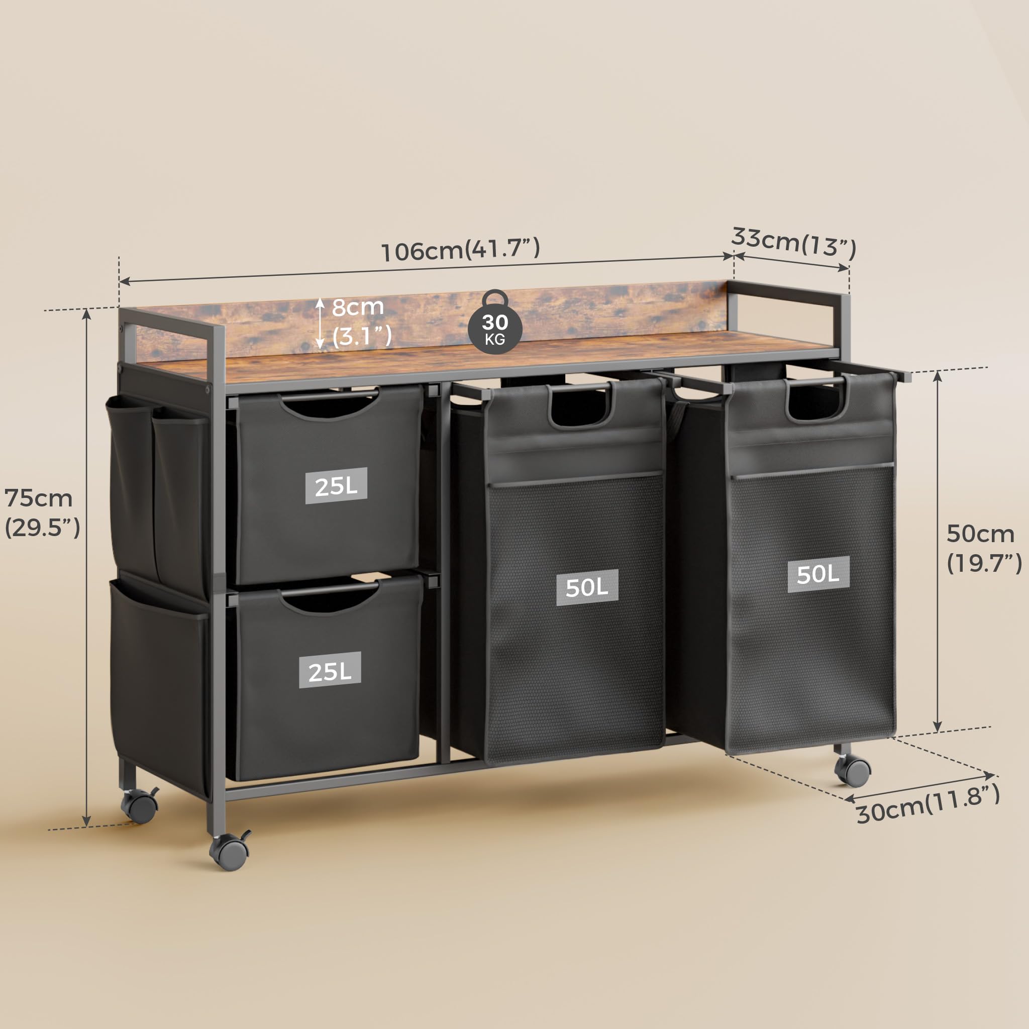 Mondeer Wäschekorb 4 Fächer, 150 L Wäschesammler mit Ablage, Wäschewagen mit Seitliche Taschen und herausnehmbare Wäschesäcke Für Waschküche Schlafzimmer Badezimmer, Vintagebraun-Schwarz
