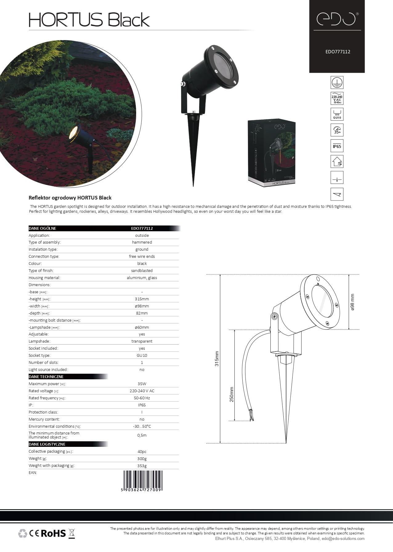 EDO Foco de Jardín con Estaca para Tierra GU10 HORTUS Negro – Lámpara Proyector de Exterior Orientable, IP65 Impermeable, Luz de Aluminio para Terraza, Césped, Camino, Patio, Cable de 25 cm