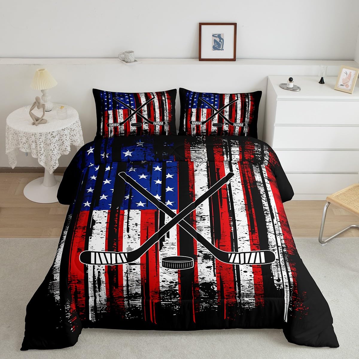 Manfei Hockey Comforter Set Twin Size, American Flag Bedding Set 2pcs for Kids Boys Teens Room Decor, Sports Gaming Theme Quilt Set with 1 Pillowcase