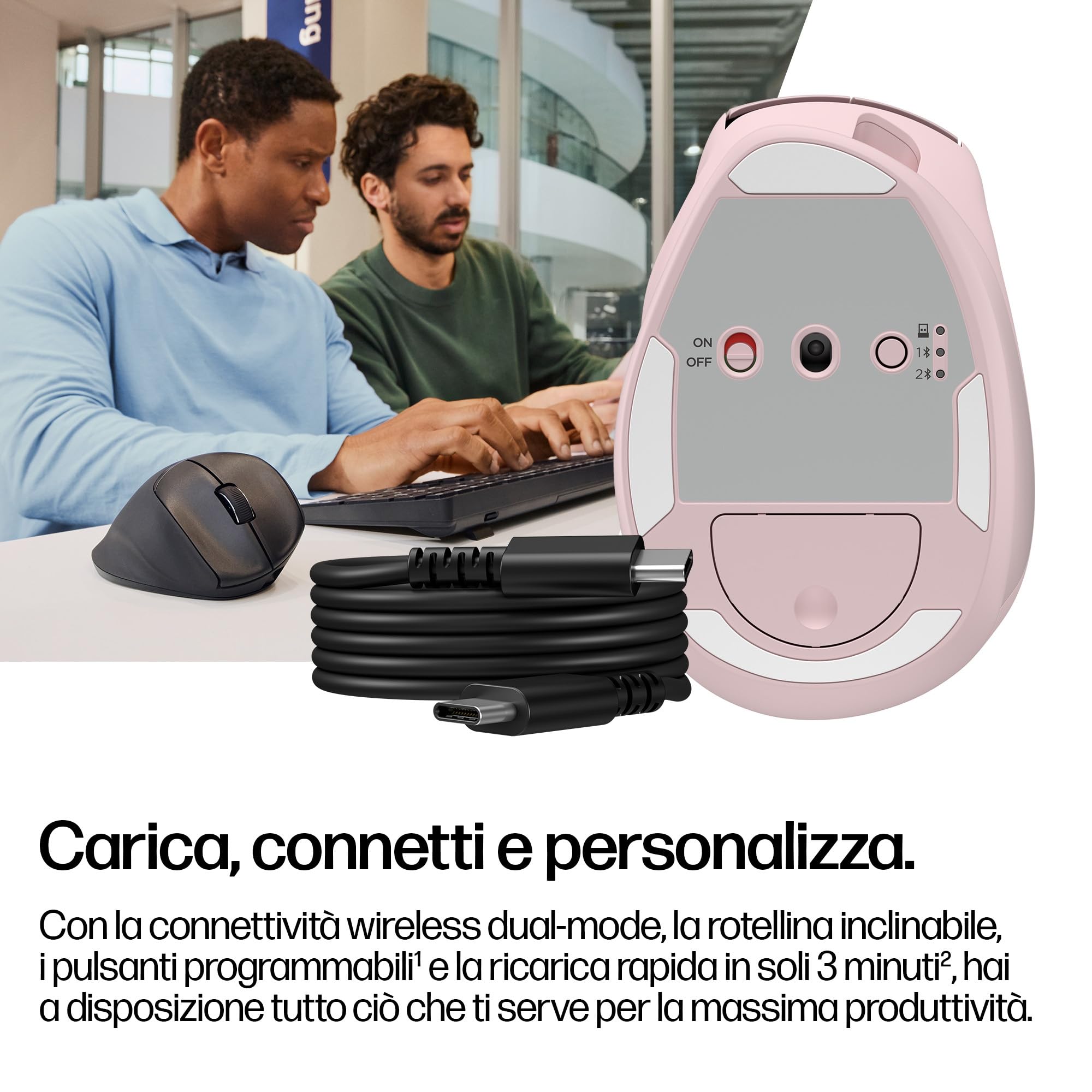 HP Tilt 720M, Mouse Wireless Ergonomico, Bluetooth, Rosa | Inclinazione Semi-Verticale a 21°, Ricarica Rapida, Windows, macOS, ChromeOS, iPadOS, Android