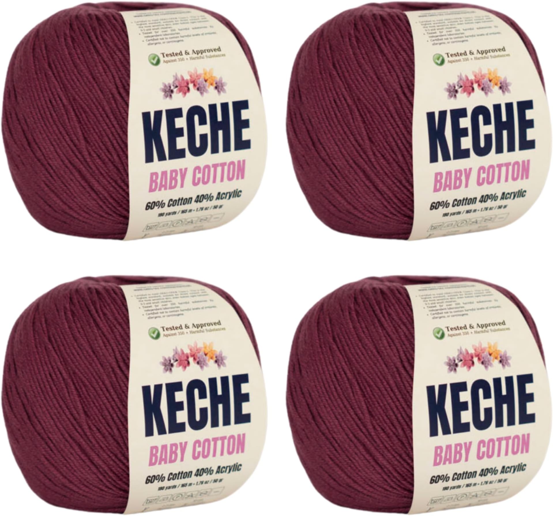 Keche Cotton Yarn, 60% Cotton 40% Acrylic Yarn, Soft Cotton Yarn for Crochet and Knitting, Amigurumi Yarn 4 Skeins/Balls [1.76 Oz (50g) / 180 Yrds (165m)] x 4 - Claret Red