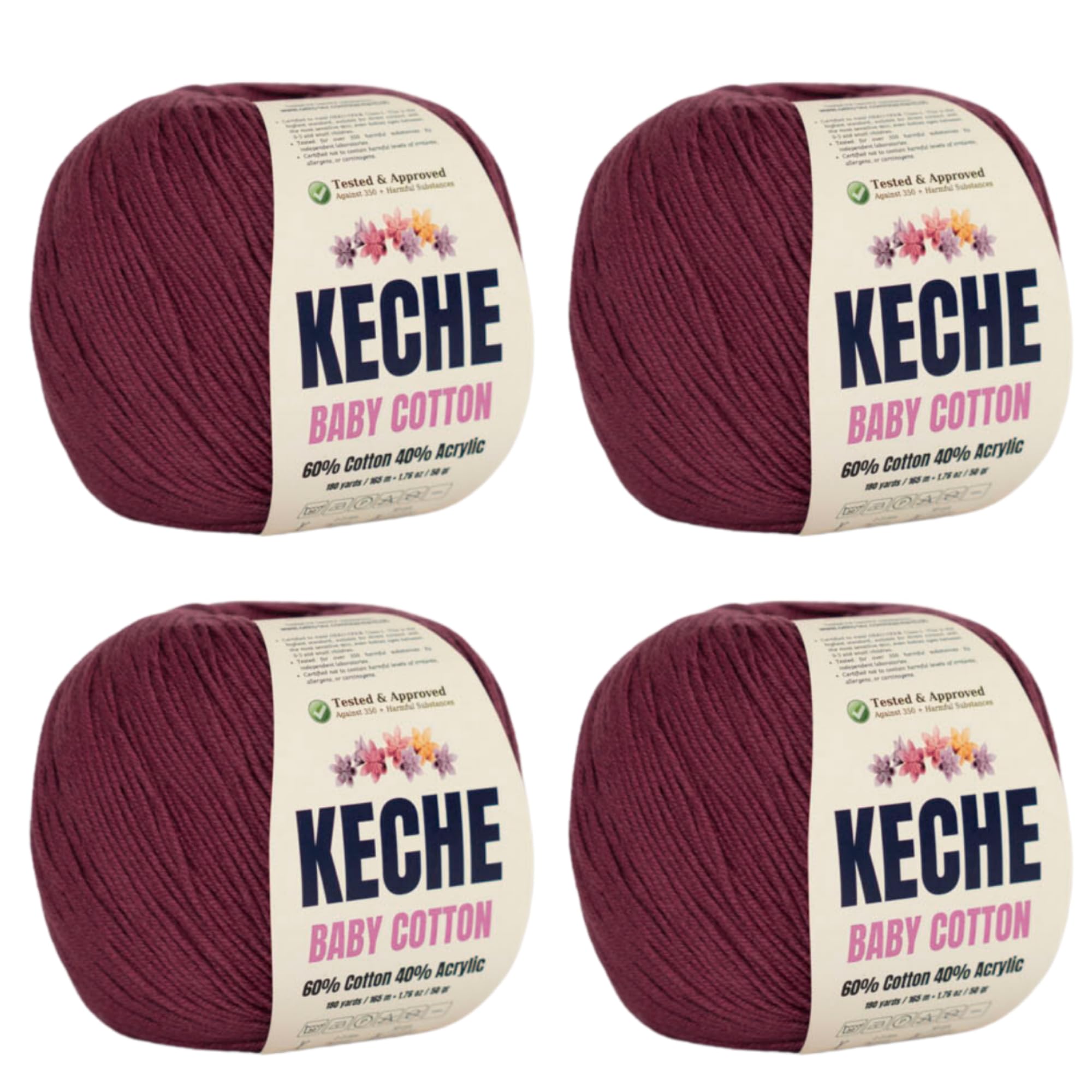 Keche Cotton Yarn, 60% Cotton 40% Acrylic Yarn, Soft Cotton Yarn for Crochet and Knitting, Amigurumi Yarn 4 Skeins/Balls [1.76 Oz (50g) / 180 Yrds (165m)] x 4 - Claret Red